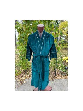 80s Leo Chevalier Green Velvet Robe Monogram Jewel Tones One Size 36-46